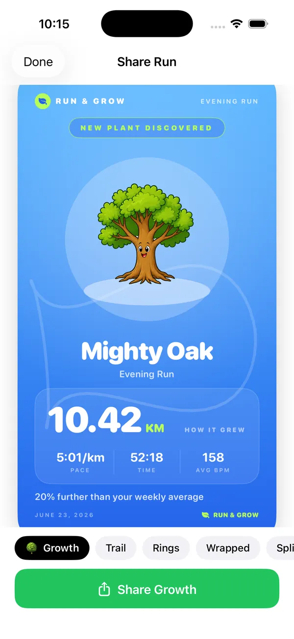 Shareable run card with the plant you grew